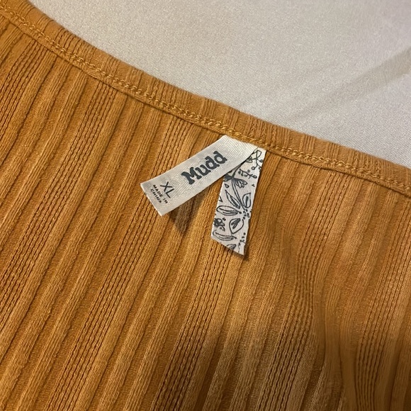 Pull over (not button up) Short Sleeve Shirt -Mustard Yellow with brown button - Picture 2 of 3